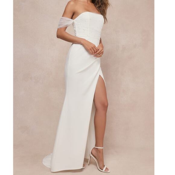 Lulus NWT Profound Glamour Ivory White Pearl Off-the-Shoulder Tulip Maxi Dress - Picture 2 of 11